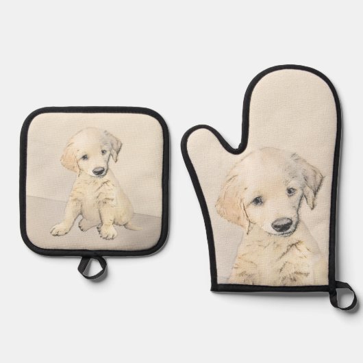 Golden Retriever Puppy Malerei Original Dog Art Ofenhandschuh & Topflappen-Set (Vorderseite)