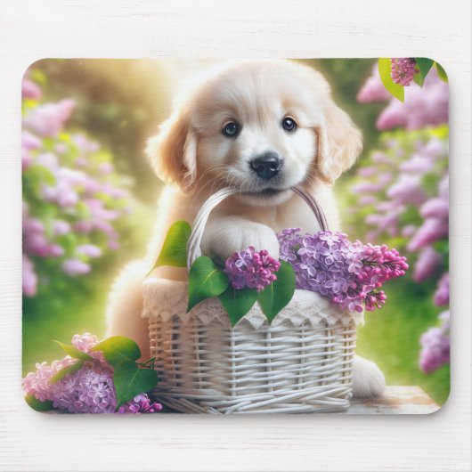 Golden Retriever Puppy mit Lilac-Körbchen Mousepad (Vorne)