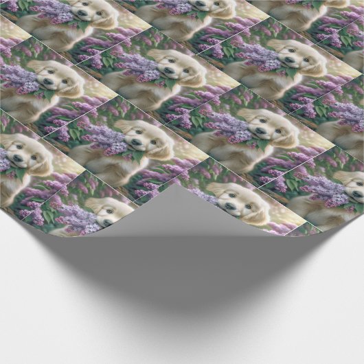 Golden Retriever Puppy mit Lilacs Geschenkpapier (Ecke)