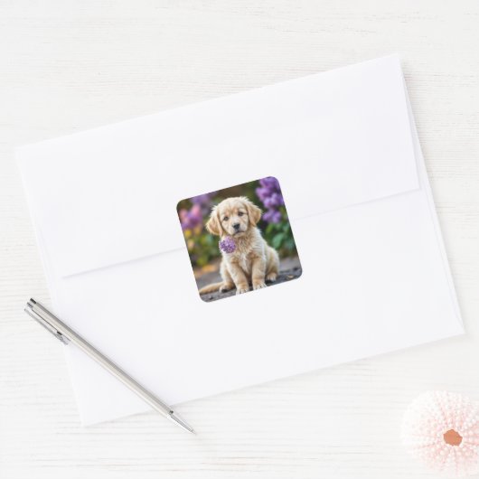 Golden Retriever Puppy mit Lilacs Quadratischer Aufkleber (Umschlag)