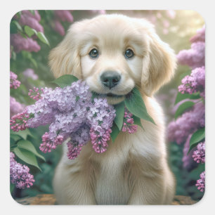 Golden Retriever Puppy mit Lilacs Quadratischer Aufkleber