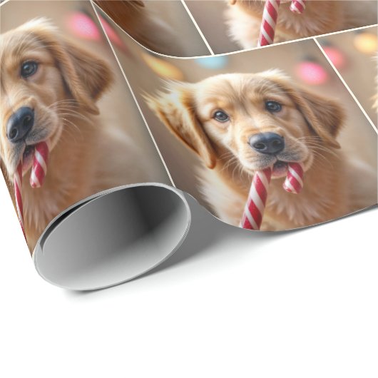 Golden Retriever Puppy With a Candy Cane Geschenkpapier (Rolleneckpunkt)