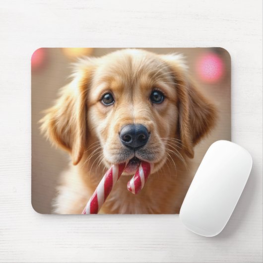 Golden Retriever Puppy With a Candy Cane Mousepad (Mit Mouse)