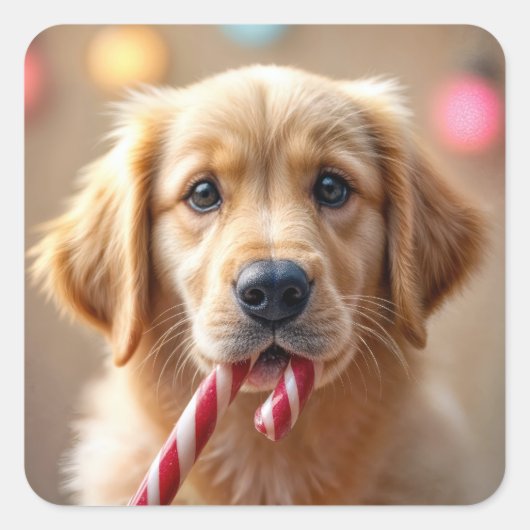 Golden Retriever Puppy With a Candy Cane Quadratischer Aufkleber (Vorderseite)