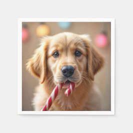 Golden Retriever Puppy With a Candy Cane Serviette