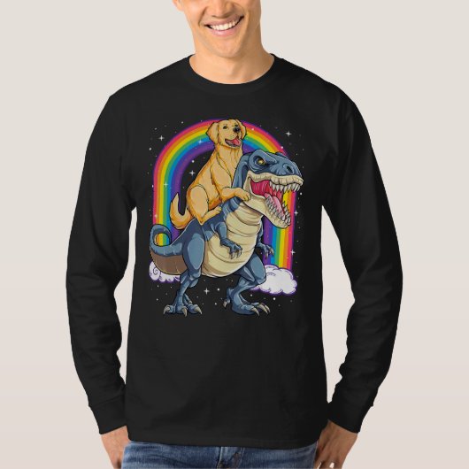 Golden Retriever Riding Dinosaur Rex Boys Rainbow T-Shirt (Vorderseite)