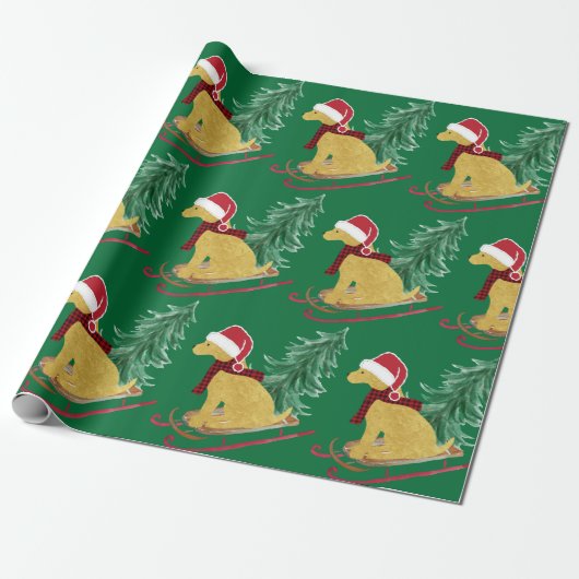 Golden Retriever Riding Xmas Tree Green Schlitten Geschenkpapier (Ungerollt)