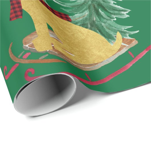 Golden Retriever Riding Xmas Tree Green Schlitten Geschenkpapier (Rolleneckpunkt)