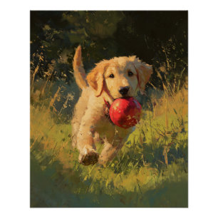 Golden Retriever roter Ball Feld Spiel Kunst Poster