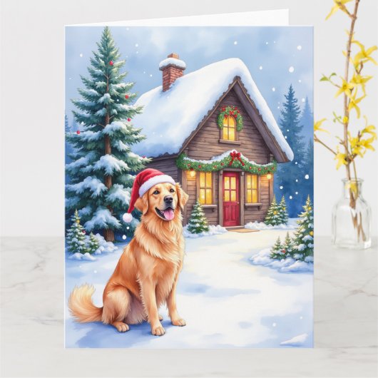 Golden Retriever Rustic Cabin Santa Hat Christmas Karte (Gelbe Blume)