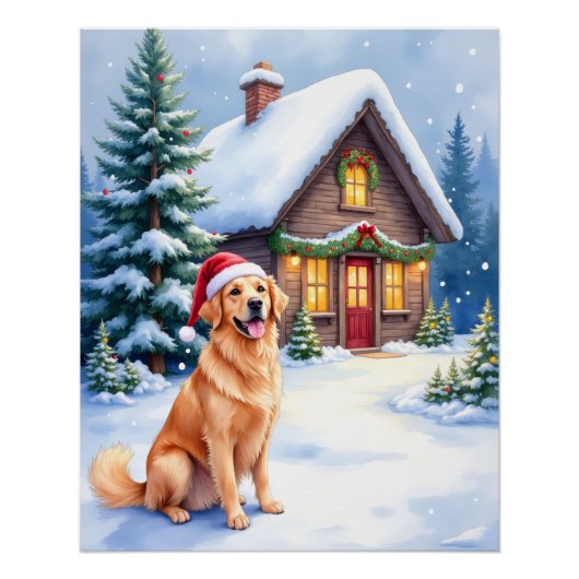 Golden Retriever Rustic Cabin Santa Hat Christmas Poster (Vorderseite)