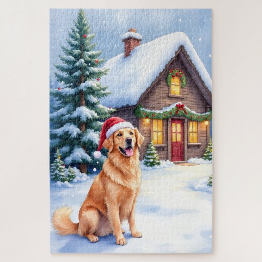 Golden Retriever Rustic Cabin Santa Hat Christmas Puzzle (Vertikal)