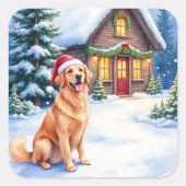 Golden Retriever Rustic Cabin Santa Hat Christmas Quadratischer Aufkleber (Vorderseite)