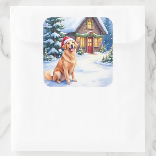Golden Retriever Rustic Cabin Santa Hat Christmas Quadratischer Aufkleber (Tasche)