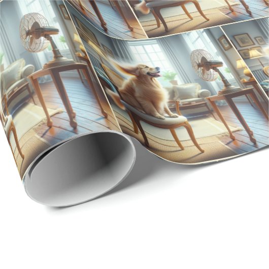 Golden Retriever sitzend vor dem Lüfter Geschenkpapier (Rolleneckpunkt)