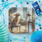 Golden Retriever sitzend vor dem Lüfter Pappteller (Party)