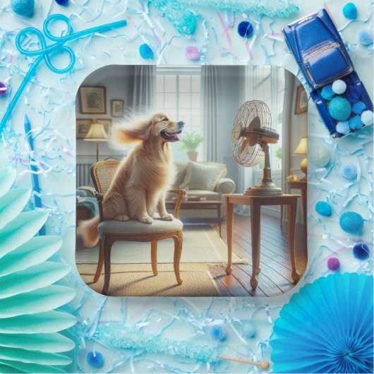 Golden Retriever sitzend vor dem Lüfter Pappteller (Party)