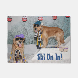 Golden retriever-Skifahrer-Ski an im Willkommen Fußmatte