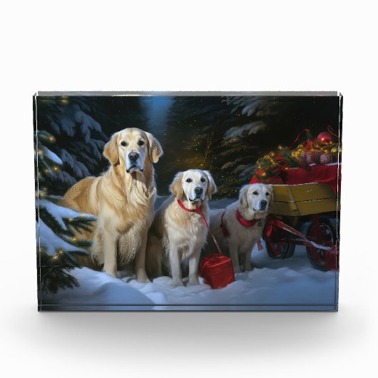 Golden Retriever Snowy Sleigh Weihnachtsdekor Fotoblock (Vorderseite)