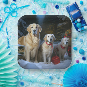 Golden Retriever Snowy Sleigh Weihnachtsdekor Pappteller