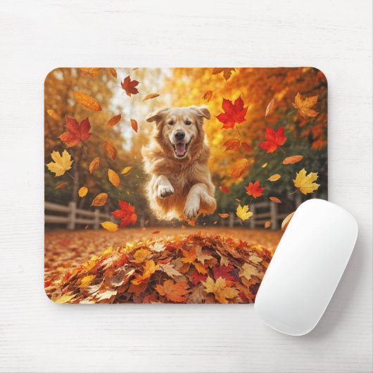 Golden Retriever Springen im Herbst Leaf Pile Mousepad (Mit Mouse)