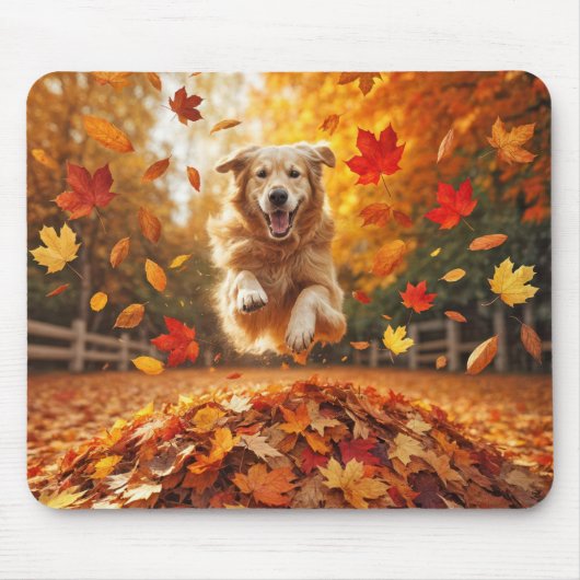 Golden Retriever Springen im Herbst Leaf Pile Mousepad (Vorne)