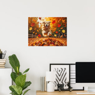 Golden Retriever springt in Leaf Pile Poster