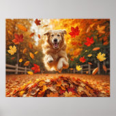 Golden Retriever springt in Leaf Pile Poster (Vorne)
