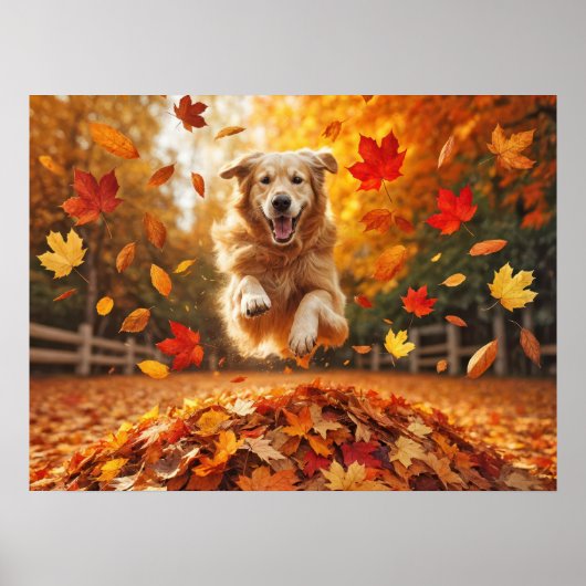 Golden Retriever springt in Leaf Pile Poster (Vorne)