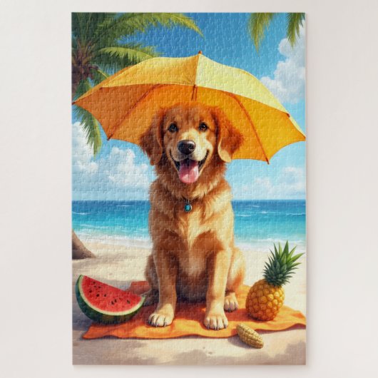 Golden Retriever Strandentspannungsszene Puzzle (Vertikal)