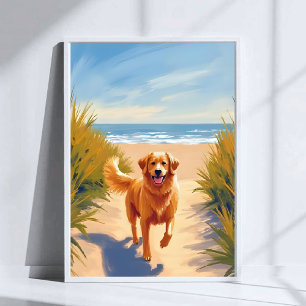 Golden Retriever Strandweg   Ocean Dog Haustier Poster