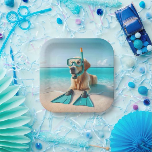 Golden Retriever Tragen von Schnorchel und Flossen Pappteller (Party)