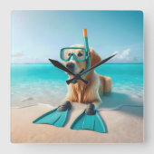 Golden Retriever Tragen von Schnorchel und Flossen Quadratische Wanduhr (Vorderseite)