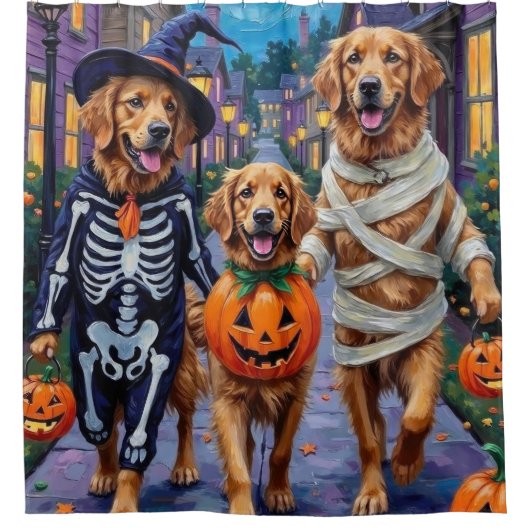 Golden Retriever Trick-or-Treating Halloween Duschvorhang (Vorderseite)