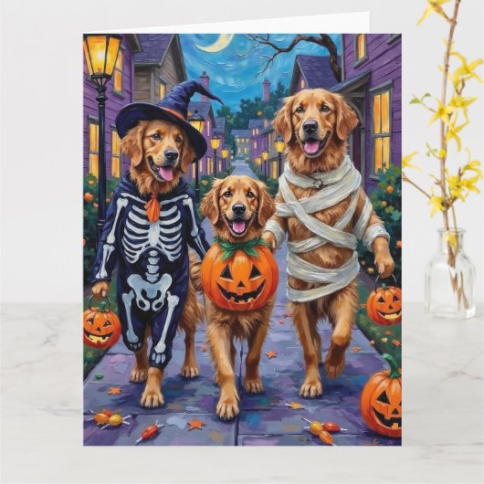 Golden Retriever Trick-or-Treating Halloween Karte (Gelbe Blume)