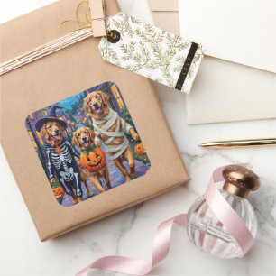Golden Retriever Trick-or-Treating Halloween Quadratischer Aufkleber