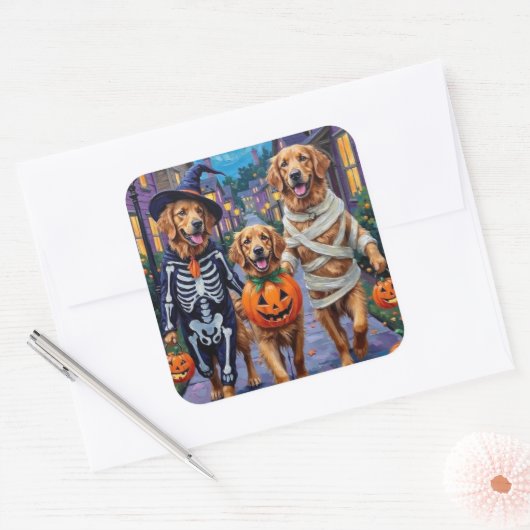 Golden Retriever Trick-or-Treating Halloween Quadratischer Aufkleber (Umschlag)