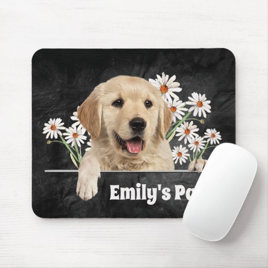 Golden Retriever und Daisies on Black Leather Mousepad (Mit Mouse)