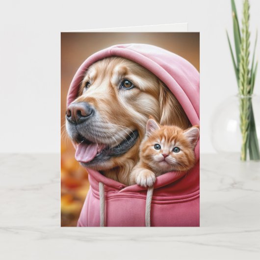 Golden Retriever und Kitten in Hoodie Karte (Vorderseite)