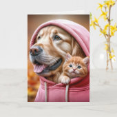 Golden Retriever und Kitten in Hoodie Karte (Gelbe Blume)