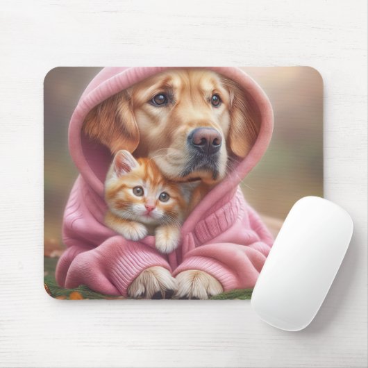 Golden Retriever und Kitten in Pink Hoodie Mousepad (Mit Mouse)