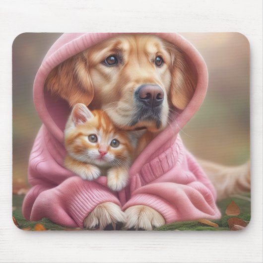 Golden Retriever und Kitten in Pink Hoodie Mousepad (Vorne)
