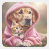 Golden Retriever und Kitten in Pink Hoodie Quadratischer Aufkleber (Vorderseite)