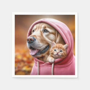 Golden Retriever und Kitten in Pink Hoodie Serviette