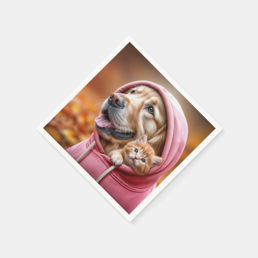 Golden Retriever und Kitten in Pink Hoodie Serviette (Ecke)