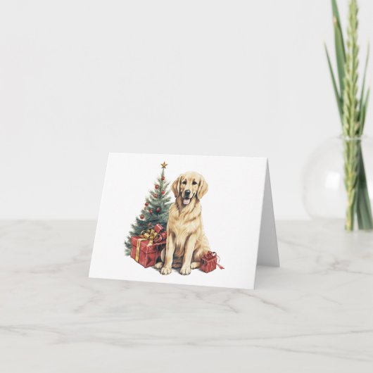 Golden Retriever w Christmas Tree and Gift BLANK Karte (Vorderseite)