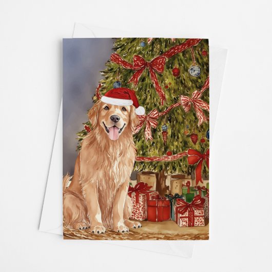 Golden Retriever Wasserfarbe Unter Weihnachtsbaum Karte