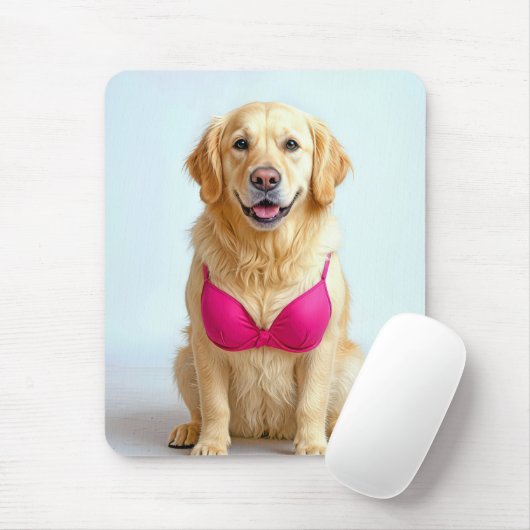 Golden Retriever Wearing a Pink Bra Mousepad (Mit Mouse)