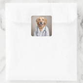 Golden Retriever Wearing a White Doctor's Coat Quadratischer Aufkleber (Tasche)