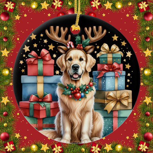 Golden Retriever Weihnachts-Rentier-Geschenke Keramik Ornament